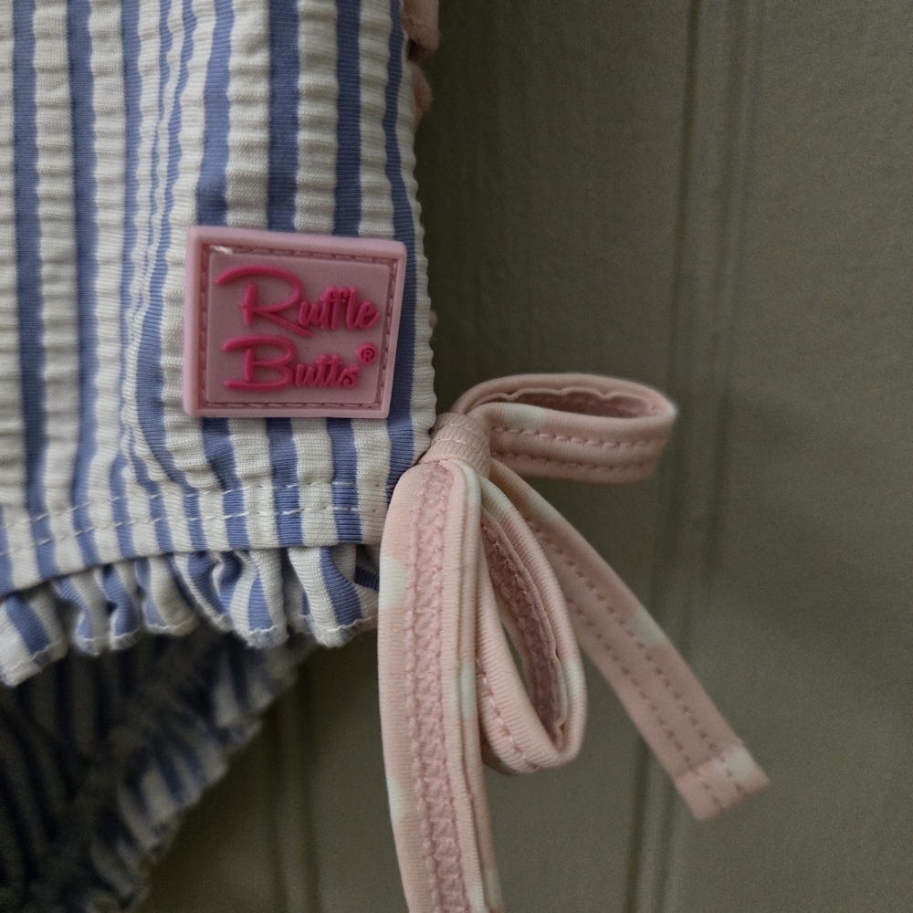 RuffleButts Blue and Pink Striped Swimsuit